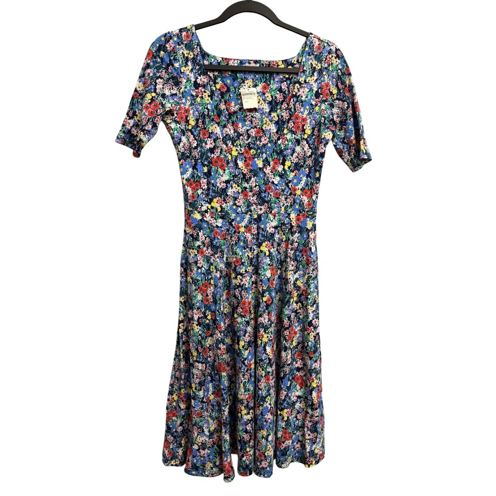 Lands End Womens XS Floral Square Neck Midi Dress Navy Blue Short Sleeve Pockets